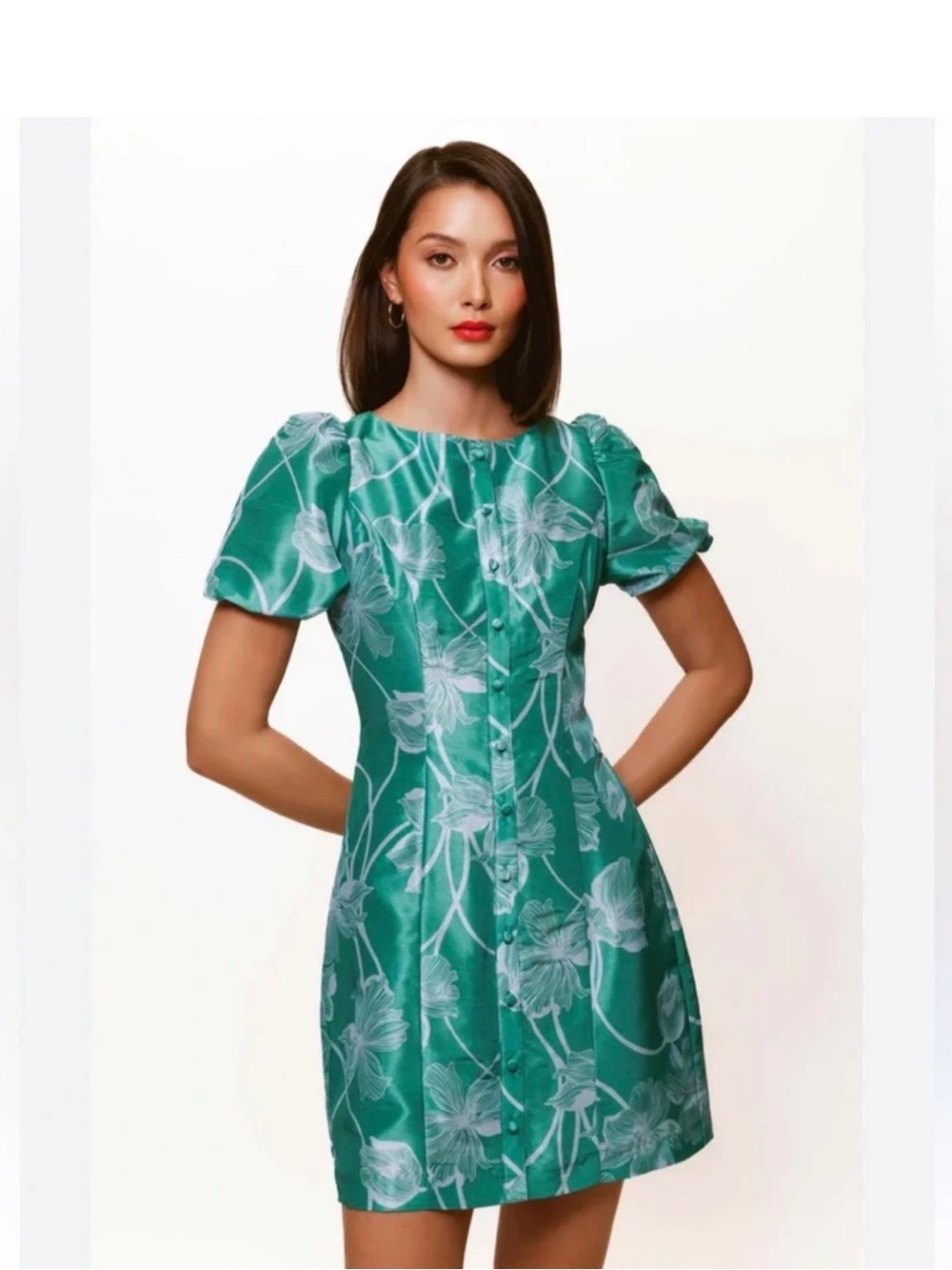 Hutch Teal Floral Puff-Sleeve Cocktail Dress